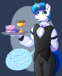 Size: 3056x3760 | Tagged: safe, artist:witchtaunter, imported from ponybooru, oc, oc:blueberry sugar, anthro, plantigrade anthro, pony, unicorn, abstract background, alcohol, broach, butler, cake, clothes, commission, cute, digital art, femboy, food, grapes, implied princess twilight, lace, lunch, male, platter, ruffle tie, ruffles, shy, slice of cake, solo, solo male, speech bubble, stallion, text, vest, wine