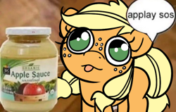 Size: 750x478 | Tagged: safe, artist:anonymous, imported from ponybooru, applejack, earth pony, pony, :p, applesauce, big eyes, derp, dialogue, faic, female, freckles, mare, solo, speech bubble, tongue out