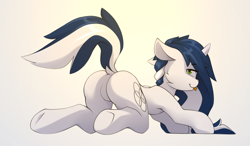 Size: 2000x1170 | Tagged: safe, artist:n_thing, imported from derpibooru, oc, oc only, oc:muffinkarton, pony, unicorn, butt, cheek fluff, dock, explicit source, eyebrows, eyebrows visible through hair, featureless crotch, female, horn, looking at you, looking back, looking back at you, mare, plot, raised tail, smiling, smiling at you, solo, tail, tongue out, underhoof, unicorn oc