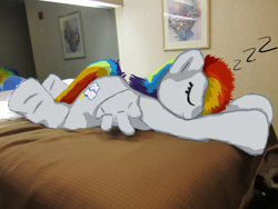 Size: 1200x900 | Tagged: safe, artist:spainfischer, derpibooru exclusive, edit, imported from derpibooru, rainbow dash, anthro, human, pegasus, pony, 2011, bed, bedroom, draw over, fursuit, irl, irl human, lying down, mirror, onomatopoeia, photo, ponysuit, prone, sleeping, smiling, solo, sound effects, trace, zzz