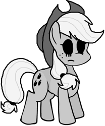 Size: 820x987 | Tagged: safe, artist:rainbrony, editor:princess-paige-place-of-fun, imported from derpibooru, applejack, earth pony, pony, applejack's hat, black and white, black sclera, concave belly, cowboy hat, creepypasta, female, freckles, grayscale, hat, mare, monochrome, simple background, transparent background, zalgo, zalgojack