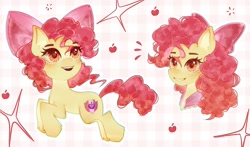 Size: 1199x707 | Tagged: safe, artist:furaneesu, imported from derpibooru, apple bloom, earth pony, pony, adorabloom, alternate hairstyle, cute, female, filly, foal, freckles, open mouth, patterned background, smiling, solo