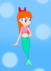 Size: 560x773 | Tagged: safe, artist:princess-paige-place-of-fun, imported from derpibooru, human, mermaid, equestria girls, barely eqg related, belly button, blossom (powerpuff girls), bow, bra, bubble, clothes, crossover, female, fish tail, hair bow, ocean, scales, swimming, tail, the powerpuff girls, underwater, underwear, water