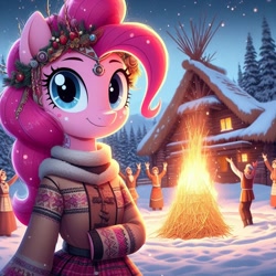 Size: 1024x1024 | Tagged: safe, imported from derpibooru, pinkie pie, anthro, human, ai content, ai generated, bonfire, campfire, clothes, fire, heathenism, outdoors, prompter:boddy meaisín, shrovetide, slavic, snow, solo focus, winter, winter outfit