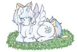 Size: 1000x666 | Tagged: safe, artist:houndkisses, imported from derpibooru, oc, alicorn, pony, alicorn oc, grass, horn, lying down, prone, solo, wings