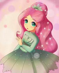 Size: 2000x2490 | Tagged: safe, artist:nymphia18, imported from derpibooru, fluttershy, human, equestria girls, equestria girls series, so much more to me, :o, alternate hairstyle, clothes, dress, female, high res, looking at you, open mouth, solo