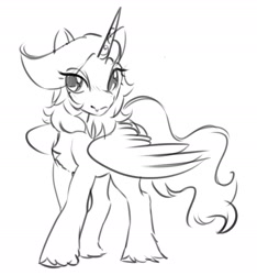 Size: 1832x1958 | Tagged: safe, artist:opalacorn, imported from derpibooru, oc, oc only, alicorn, pony, alicorn oc, eye clipping through hair, female, grayscale, horn, mare, monochrome, simple background, sketch, smiling, solo, unshorn fetlocks, white background, wings