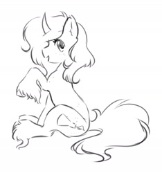 Size: 1832x1958 | Tagged: safe, artist:opalacorn, imported from derpibooru, oc, oc only, pony, unicorn, bust, curved horn, female, grayscale, hoof fluff, horn, long feather, mare, monochrome, open mouth, open smile, raised hoof, simple background, sitting, smiling, solo, unshorn fetlocks, white background