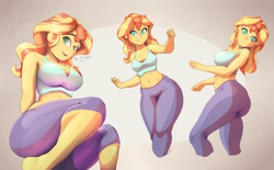 Size: 4181x2584 | Tagged: safe, artist:asapphiere, artist:azuretto, artist:irizen, imported from derpibooru, sunset shimmer, human, equestria girls, ass, barefoot, belly button, breasts, bunset shimmer, busty sunset shimmer, butt, feet, female, high res, looking at you, midriff, smiling, smiling at you, solo