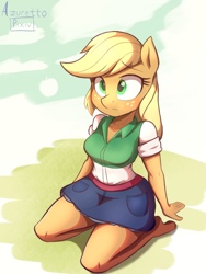 Size: 3000x4000 | Tagged: safe, artist:asapphiere, artist:azuretto, artist:irizen, imported from derpibooru, applejack, anthro, earth pony, unguligrade anthro, clothes, equestria girls outfit, female, high res, kneeling, solo