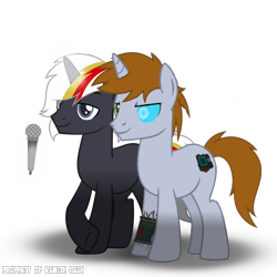 Size: 3600x3600 | Tagged: safe, artist:ramixe dash, imported from derpibooru, oc, oc only, oc:littlepip, oc:velvet remedy, pony, unicorn, fallout equestria, duo, glowing, glowing horn, horn, male, microphone, rule 63, simple background, stallion, text, transparent background