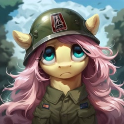 Size: 4096x4096 | Tagged: safe, imported from derpibooru, fluttershy, pegasus, pony, absurd resolution, ai content, ai generated, army helmet, clothes, cloud, flowing mane, generator:purplesmart.ai, generator:stable diffusion, helmet, outdoors, prompter:enterusxrname, solo, thousand yard stare, tree, upscaled