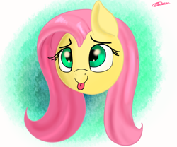 Size: 3000x2500 | Tagged: safe, artist:bazza, derpibooru exclusive, imported from derpibooru, fluttershy, pegasus, pony, :p, bust, cute, disembodied head, head only, paint tool sai, portrait, shyabetes, signature, simple background, simple shading, solo, tongue out