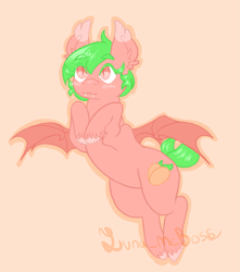 Size: 1387x1572 | Tagged: safe, artist:luna_mcboss, imported from derpibooru, oc, oc:sploosh, bat, bat pony, fruit bat, pony, bat pony oc, bat wings, ear fluff, fangs, feathered fetlocks, floating, food, fruit, green hair, peach, pink background, pink coat, pink eyes, short mane, simple background, wings