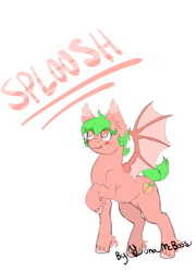 Size: 1503x2085 | Tagged: safe, artist:luna_mcboss, imported from derpibooru, oc, oc:sploosh, bat, bat pony, fruit bat, pony, bat pony oc, bat wings, ear fluff, feathered fetlocks, food, fruit, green mane, peach, pink coat, pink eyes, raised leg, short mane, simple background, white background, wings