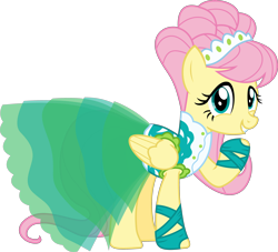 Size: 3444x3129 | Tagged: safe, artist:sketchmcreations, imported from derpibooru, fluttershy, pegasus, pony, green isn't your color, season 1, alternate hairstyle, clothes, dress, female, gown, green, headdress, mare, modelshy, raised hoof, simple background, smiling, transparent background, vector