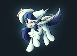 Size: 1500x1100 | Tagged: safe, artist:rejiser, imported from derpibooru, oc, oc only, oc:lily, pegasus, pony, chest fluff, cute, dark background, ear fluff, female, floppy ears, flying, gray background, looking at you, one eye closed, raised hoof, simple background, solo, tail, tongue out, wings, wink