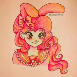 Size: 2048x2048 | Tagged: safe, artist:dariarchangel, imported from derpibooru, pinkie pie, human, bunny ears, bust, crossover, female, humanized, my melody, sanrio, solo, traditional art