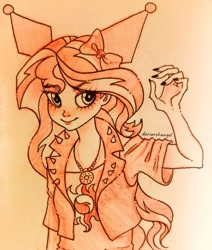 Size: 1734x2048 | Tagged: safe, artist:dariarchangel, imported from derpibooru, sunset shimmer, human, bow, crossover, female, fingernails, hair bow, humanized, jewelry, kuromi, long nails, monochrome, necklace, sanrio, solo, traditional art