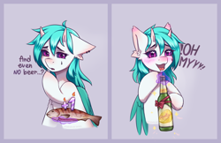 Size: 2850x1850 | Tagged: safe, artist:moewwur, artist:rin-mandarin, imported from derpibooru, oc, oc only, oc:rainbow rivey, fish, pegasus, alcohol, beer, birthday, birthday cake, blue mane, bow, cake, drink, food, horns, light skin, male, one eye closed, pegasus oc, purple eyes, solo, stallion, wings, wink