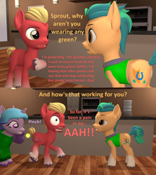 Size: 1920x2160 | Tagged: safe, artist:red4567, imported from derpibooru, hitch trailblazer, izzy moonbow, sprout cloverleaf, earth pony, pony, unicorn, 3d, clothes, comic, dialogue, female, g5, green clothes, holiday, hoodie, horn, literal butthurt, male, mare, ouch, pain, pinch, saint patrick's day, smiling, source filmmaker, stallion, sweater, unshorn fetlocks, vest