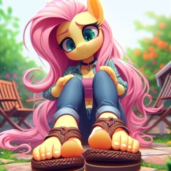 Size: 1024x1024 | Tagged: safe, imported from derpibooru, fluttershy, anthro, plantigrade anthro, ai content, ai generated, beach chair, belly button, blushing, chair, choker, clothes, confused, denim, feet, flip-flops, foot focus, garden, jeans, pants, prompter:lukington17, sandals, shirt, toes