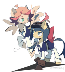 Size: 1653x1836 | Tagged: safe, artist:arrcticc_fish, imported from derpibooru, earth pony, pegasus, pony, amanda o'neill, bow, clothes, constanze amalie von braunschbank-albrechtsberger, crossover, female, goggles, goggles on head, hair bow, little witch academia, mare