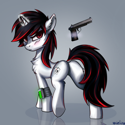 Size: 2048x2048 | Tagged: safe, artist:weiling, imported from derpibooru, oc, oc only, oc:blackjack, pony, unicorn, fallout equestria, fallout equestria: project horizons, cute, fanfic art, gun, horn, simple background, weapon