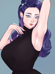 Size: 1800x2400 | Tagged: safe, artist:suracao, imported from derpibooru, rarity, human, alternate hairstyle, armpits, big breasts, breasts, busty rarity, clothes, ear piercing, earring, eyeshadow, female, humanized, jewelry, makeup, piercing, sleeveless, sleeveless sweater, solo, sweater