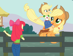 Size: 4252x3250 | Tagged: safe, artist:gmaplay, imported from derpibooru, apple bloom, applejack, earth pony, pony, equestria girls, apple bloom's bow, applejack's hat, bloom butt, bow, butt, cowboy hat, hair bow, hat, self paradox, self ponidox, solo