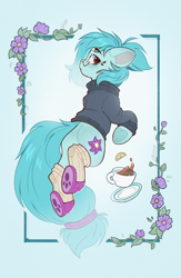 Size: 1341x2057 | Tagged: safe, artist:rexyseven, imported from derpibooru, oc, oc only, oc:whispy slippers, earth pony, pony, clothes, cup, earth pony oc, female, glasses, mare, slippers, socks, solo, sweater, teacup