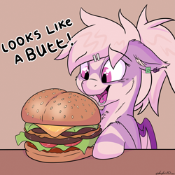 Size: 4133x4133 | Tagged: safe, artist:whyvernad, imported from derpibooru, oc, oc:midnight flight, bat pony, burger, food, piercing, simple background, smiling, solo