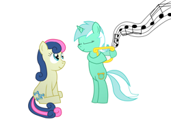 Size: 2440x1825 | Tagged: safe, artist:starshinesprint, imported from derpibooru, bon bon, lyra heartstrings, sweetie drops, earth pony, unicorn, horn, lyre, music, music notes, musical instrument, simple background, white background