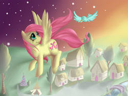 Size: 1600x1200 | Tagged: safe, artist:squid-cult, imported from derpibooru, fluttershy, bird, pegasus, flying, river, stars, tree, water