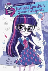 Size: 1022x1500 | Tagged: safe, artist:ritalux, imported from derpibooru, sci-twi, twilight sparkle, equestria girls, equestria girls series, twilight sparkle's science fair sparks, spoiler:book, arden hayes, beaker, book cover, clothes, cover, cutie mark, cutie mark on clothes, equestria girls logo, female, globe, official, planet, rocket, smiling, solo, stars, test tube, uncolored skin