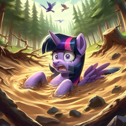 Size: 800x800 | Tagged: safe, imported from derpibooru, twilight sparkle, alicorn, bird, ai content, ai generated, amputee, crying, distressed, forest, log, nature, open mouth, peril, prompter:luffy8912, quicksand, rock, sand, scared, sinking, sky, stuck, stump, tree, twilight sparkle (alicorn), wide eyes