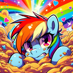 Size: 800x800 | Tagged: safe, imported from derpibooru, rainbow dash, ai content, ai generated, buried, deviantart watermark, gritted teeth, heart, narrowed eyes, obtrusive watermark, prompter:luffy8912, quicksand, rainbow, sand, shiny, sinking, struggling, stuck, teeth, watermark