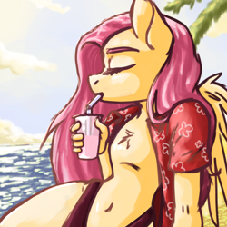 Size: 2048x2048 | Tagged: safe, artist:ritork, imported from derpibooru, fluttershy, anthro, pegasus, pony, alcohol, beach, cocktail, drink, ocean, palm tree, sand, straw, tree, water