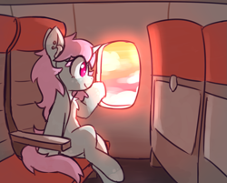 Size: 1807x1454 | Tagged: safe, artist:rivibaes, imported from derpibooru, oc, oc:scoops, unicorn, earbuds, female, horn, looking out the window, mare, plane, sitting, solo, window