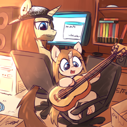 Size: 2200x2200 | Tagged: safe, artist:rivibaes, imported from derpibooru, oc, oc only, pony, unicorn, baseball cap, box, cap, chair, computer, facial hair, father and child, father and daughter, female, filly, foal, freckles, guitar, hat, high res, horn, male, musical instrument, stallion