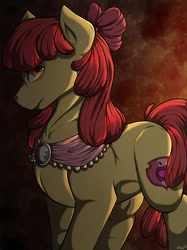 Size: 1280x1707 | Tagged: safe, artist:binibean, imported from derpibooru, apple bloom, earth pony, pony, abstract background, clothes, dramatic lighting, female, goldie delicious' shawl, looking at you, mare, older, older apple bloom, profile, shawl, signature, solo