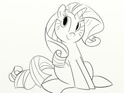 Size: 1024x768 | Tagged: safe, artist:scribblehearts14, imported from derpibooru, rarity, pony, unicorn, black and white, grayscale, horn, monochrome, sitting, sketch, smiling, solo