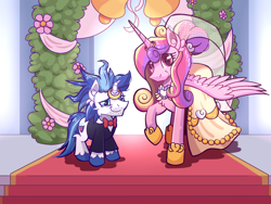 Size: 2048x1536 | Tagged: safe, artist:candy meow, imported from derpibooru, princess cadance, shining armor, alicorn, pony, unicorn, canterlot castle, clothes, dress, duo, female, horn, jewelry, male, mare, marriage, meme, messy mane, ring, stallion, the bride and the ugly ass groom, toy interpretation, wedding, wedding dress, wedding ring