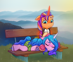 Size: 2492x2094 | Tagged: safe, artist:mrricharz, imported from derpibooru, izzy moonbow, sunny starscout, alicorn, pony, unicorn, alternate universe, digital art, fanfic art, g5, hoof heart, horn, underhoof, upside-down hoof heart