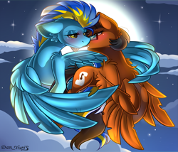 Size: 2451x2100 | Tagged: safe, alternate version, artist:yuris, imported from derpibooru, oc, oc only, oc:dasher, oc:slipstream, pegasus, pony, alternate character, blushing, clothes, ears up, female, floppy ears, flying, full moon, glasses, imminent kissing, lesbian, moon, night, shipping, sky