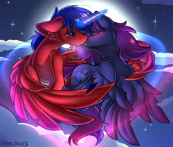 Size: 2451x2080 | Tagged: safe, alternate version, artist:yuris, imported from derpibooru, oc, oc:royal blues, alicorn, pegasus, pony, alternate character, blushing, clothes, ears up, floppy ears, flying, full moon, gay, imminent kissing, male, moon, night, shipping, sky