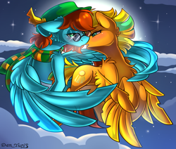 Size: 2451x2080 | Tagged: safe, alternate version, artist:yuris, imported from derpibooru, oc, oc only, oc:san valentine, pegasus, pony, alternate character, blushing, clothes, ears up, female, floppy ears, flying, full moon, glasses, imminent kissing, male, moon, night, scarf, shipping, sky