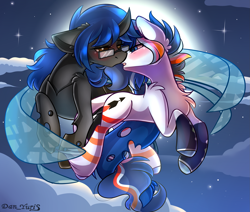 Size: 2451x2080 | Tagged: safe, alternate version, artist:yuris, imported from derpibooru, oc, oc only, oc:sweet scribe, changeling, pony, alternate character, blushing, changeling oc, clothes, ears up, female, floppy ears, flying, full moon, glasses, imminent kissing, lesbian, moon, night, shipping, sky