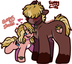 Size: 1960x1736 | Tagged: safe, artist:sexygoatgod, imported from derpibooru, oc, oc only, oc:sunny lies, oc:sunny shores, unicorn, age difference, bracelet, brother and sister, female, hidden horn, horn, horn ring, jewelry, male, mare, necklace, ring, siblings, silly, simple background, stallion, transparent background