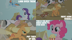 Size: 2000x1125 | Tagged: safe, edit, edited screencap, editor:quoterific, imported from derpibooru, screencap, applejack, pinkie pie, rainbow dash, rarity, winona, cow, applebuck season, food, popcorn